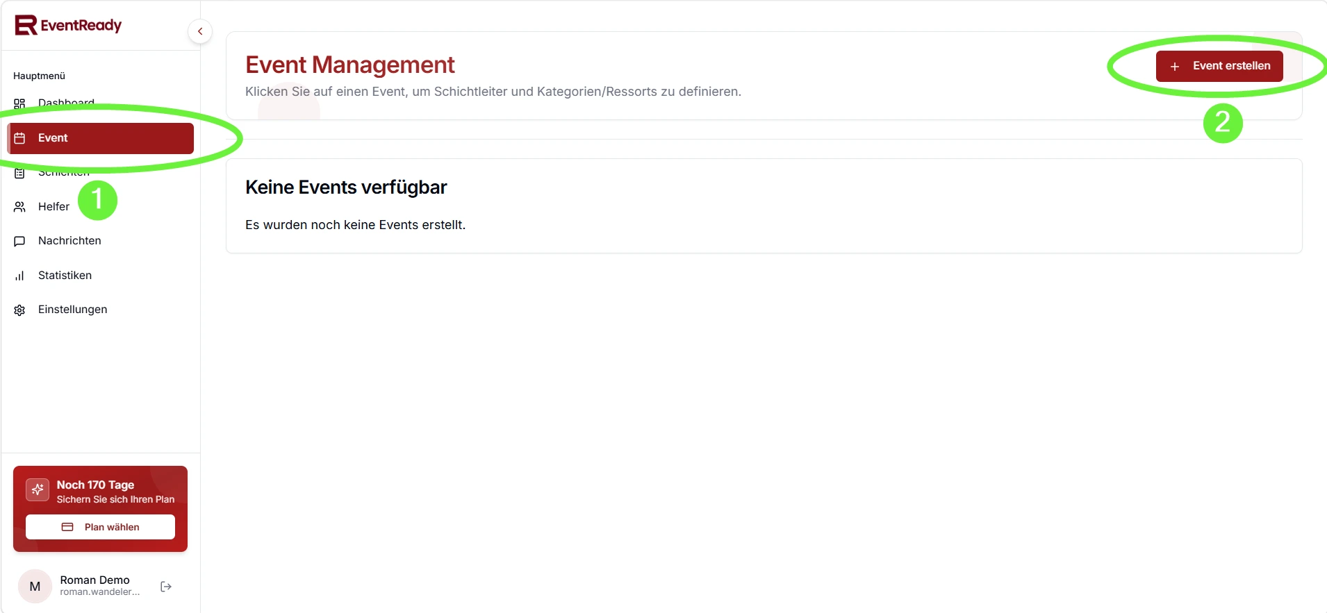 Menü «Event» und Schaltfläche «Event erstellen»