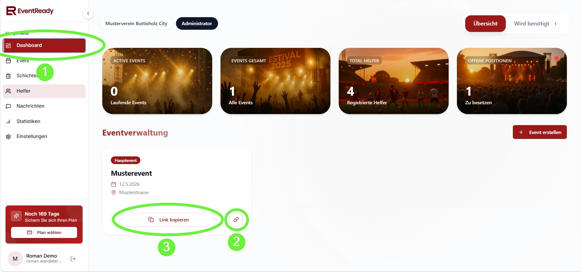 Dashboard: Eventkarte mit Link-Symbol und «Link kopieren»